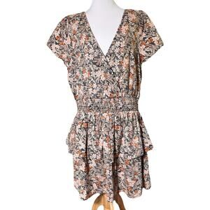 American Eagle Cotton Linen Blend Lined Dress XL Wrap V Neck Floral Tiered Skirt